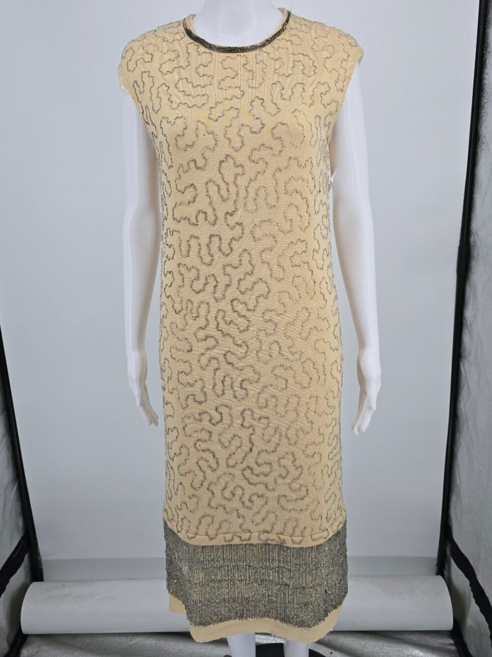 Distressed Vintage 1960s Banff Hong Kong Wool Beaded Fringe Shift Dress (S)